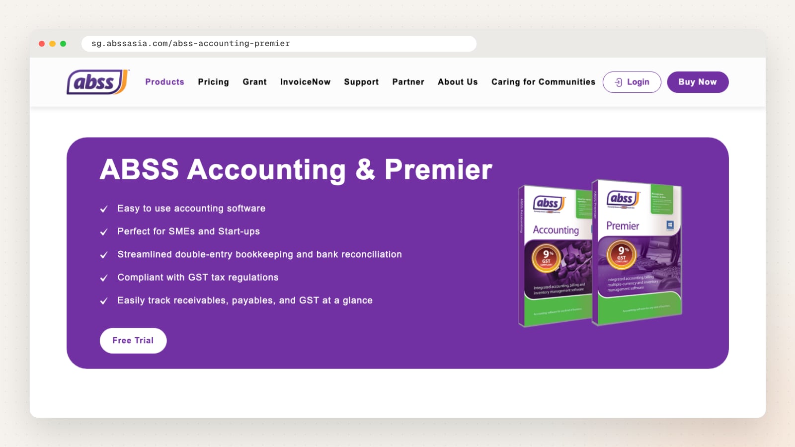 ABSS Accounting and Premier product page (sg.abssasia.com/abss-accounting-premier)