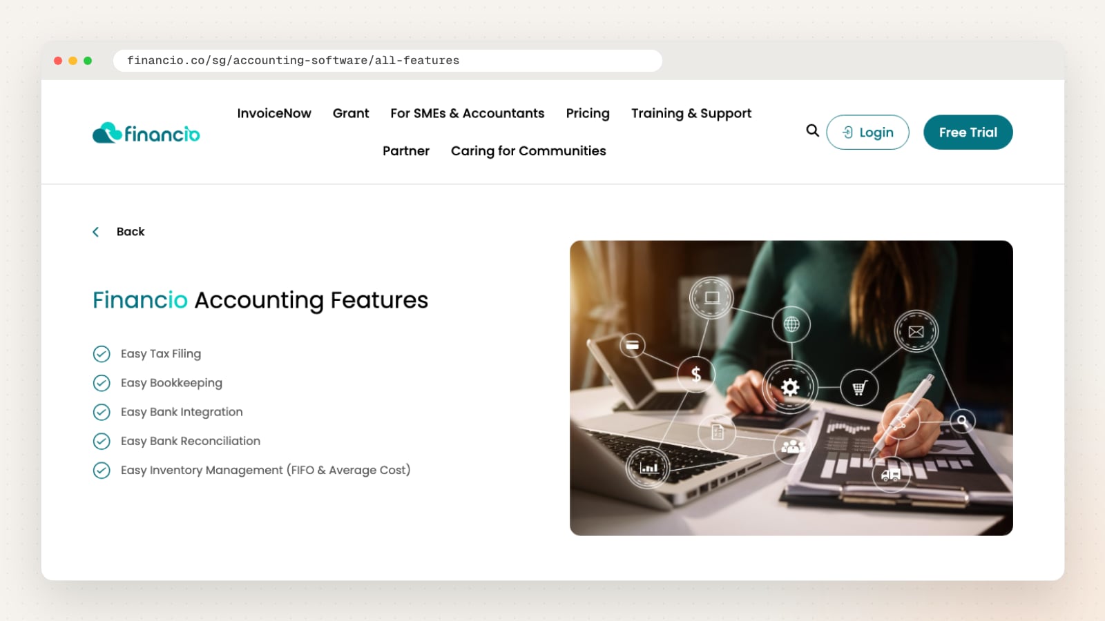 Financio Accounting features page (financio.co/sg/accounting-software/all-features)