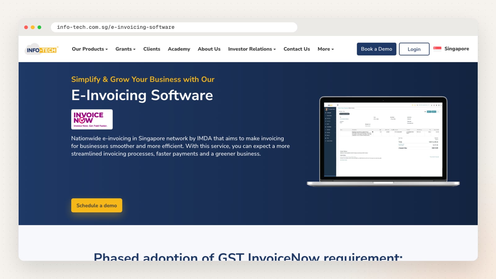 Info-Tech Cloud Accounting e-invoicing software page (info-tech.com.sg/e-invoicing-software)