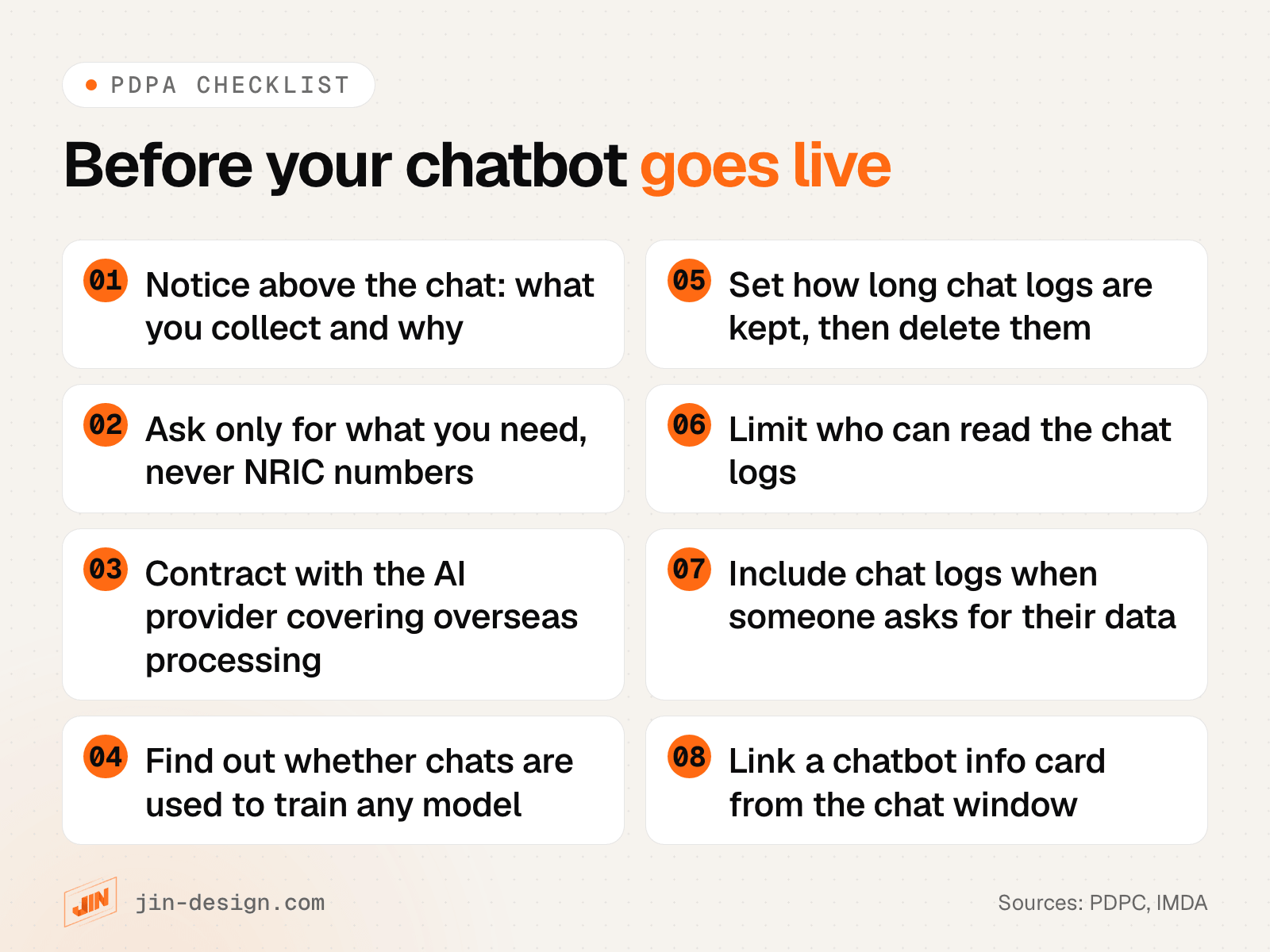 PDPA checklist for an AI chatbot on a Singapore website: notice above the chat, collect only what you need, contract with the AI provider for overseas processing, confirm whether chats train a model, set a retention period, limit access to logs, include chat logs in access requests, and link a chatbot info card