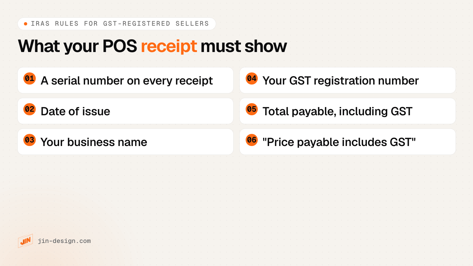 Checklist of what a POS receipt from a GST-registered business in Singapore must show, based on IRAS guidance