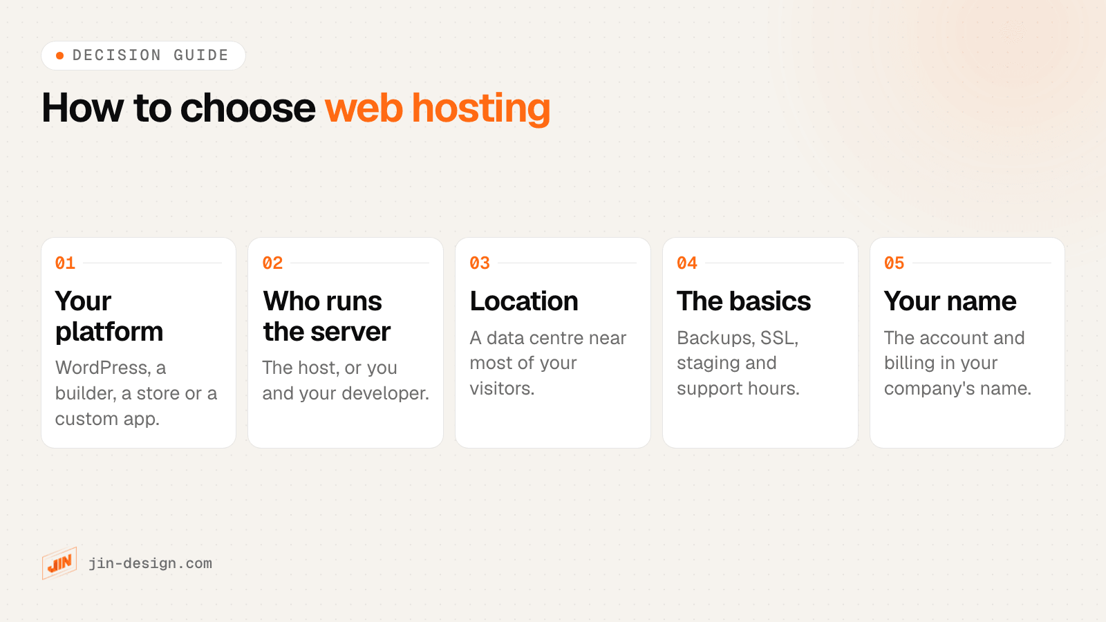 How to choose web hosting in five steps: know what your site runs on, decide who will look after the server, pick a data centre near your visitors, check backups, SSL and support, then open the account in your company's name