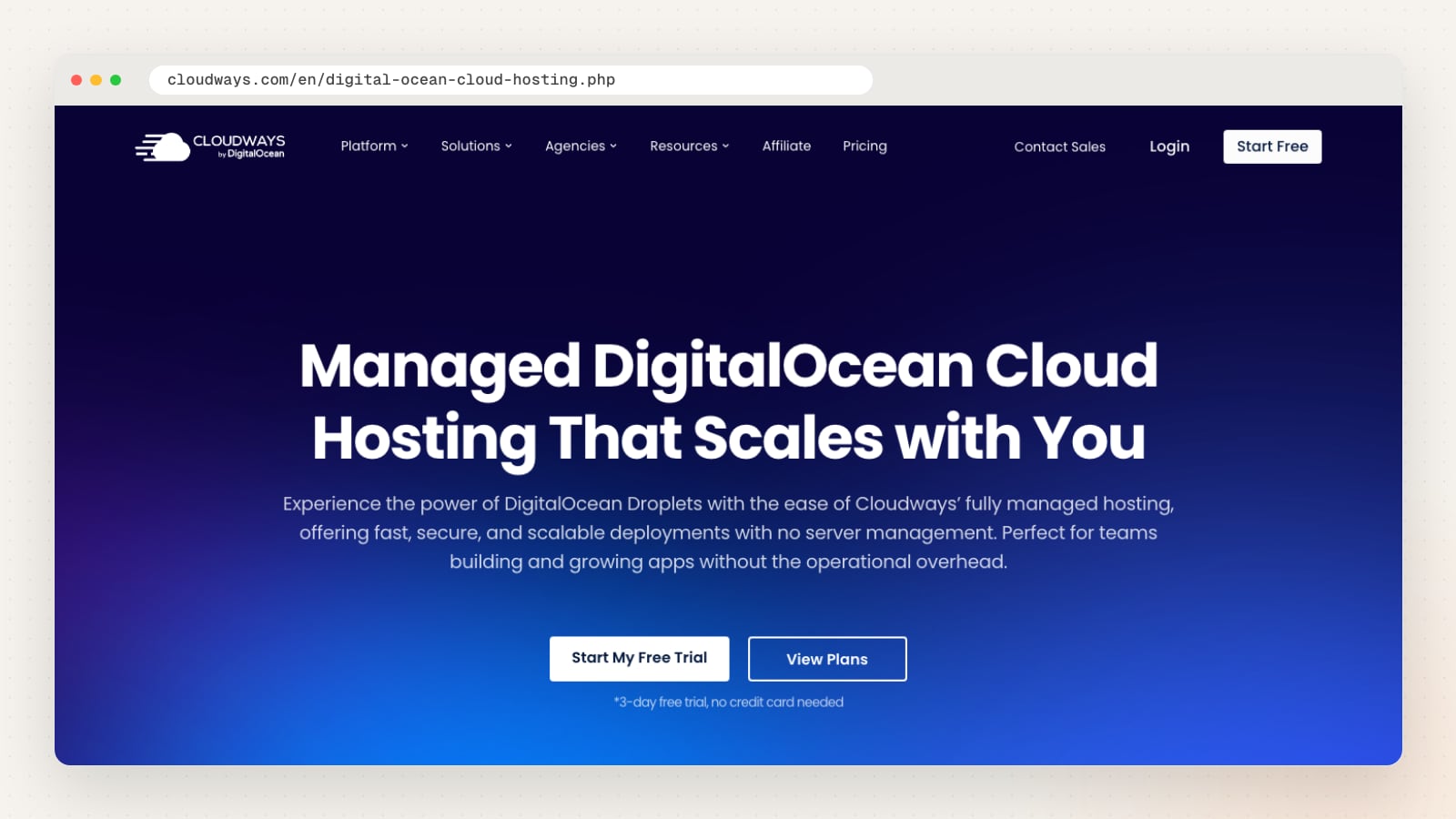 Cloudways managed DigitalOcean cloud hosting page