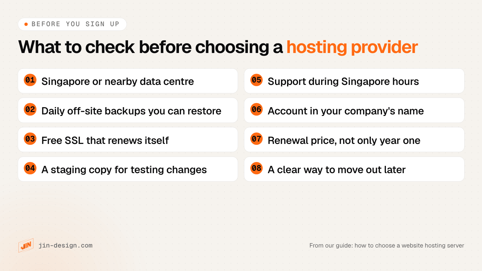 Checklist before choosing a web hosting provider: a Singapore or nearby data centre, daily off-site backups you can restore, free SSL that renews itself, a staging site, support hours that cover Singapore time, the account in your company's name, the renewal price as well as the first-year price, and a clear way to move out