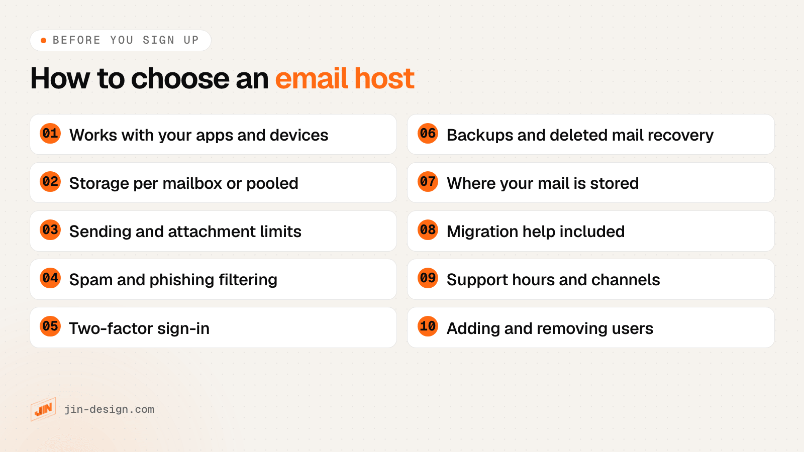 Checklist for choosing an email hosting provider: works with your apps, storage per mailbox, sending and attachment limits, spam and phishing filtering, two-factor sign-in, backups and retention, where mail is stored, migration help, support hours, and adding and removing users