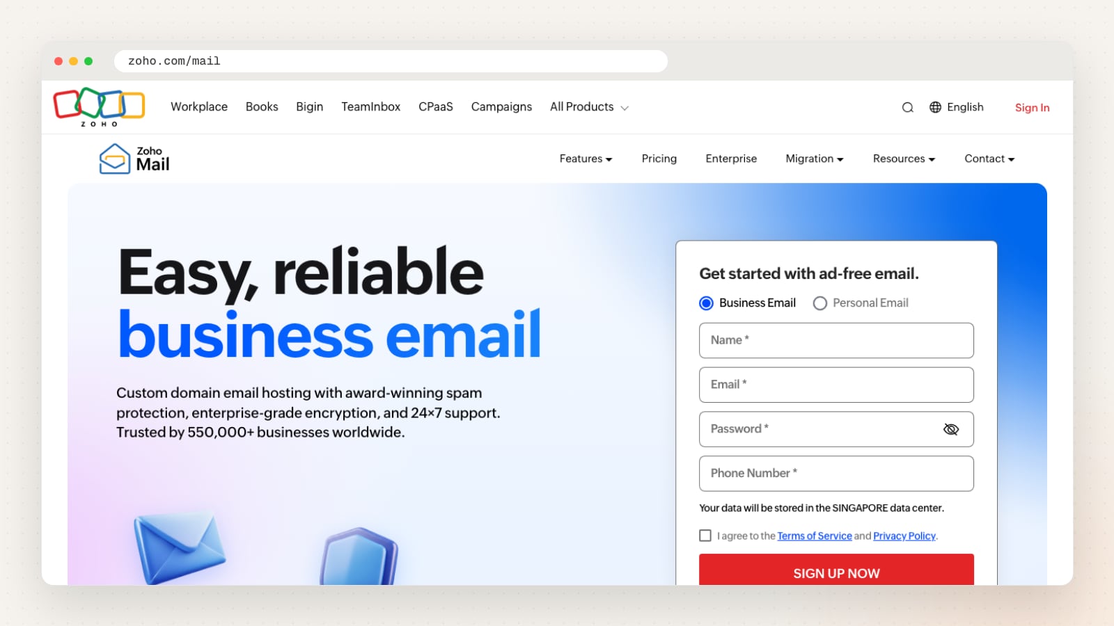 Zoho Mail website homepage