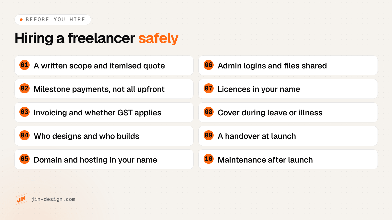 Checklist for hiring a freelance web designer in Singapore: written scope, milestone payments, invoicing and GST, who does the build, domain and hosting in your name, logins and files, licences, cover during leave, handover and maintenance