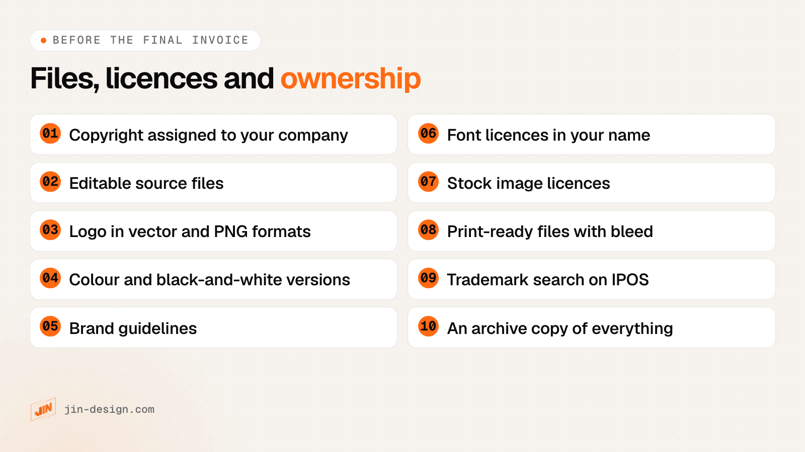 Checklist of design files and licences: copyright assignment, source files, logo formats, colour and black-and-white versions, brand guidelines, font licences, stock image licences, print-ready files, trademark search and archive copies