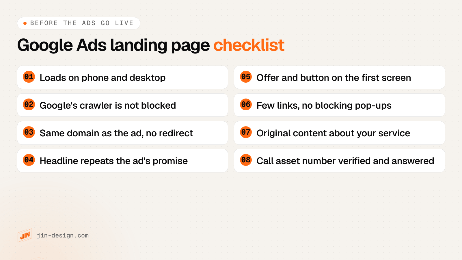Google Ads landing page checklist: the page loads on phone and desktop, Google's crawler is not blocked, it stays on the ad's domain with no redirect, the headline repeats the ad's promise, the offer and button are on the first screen, few links and no blocking pop-ups, original content about your service, and the call asset number is verified and answered