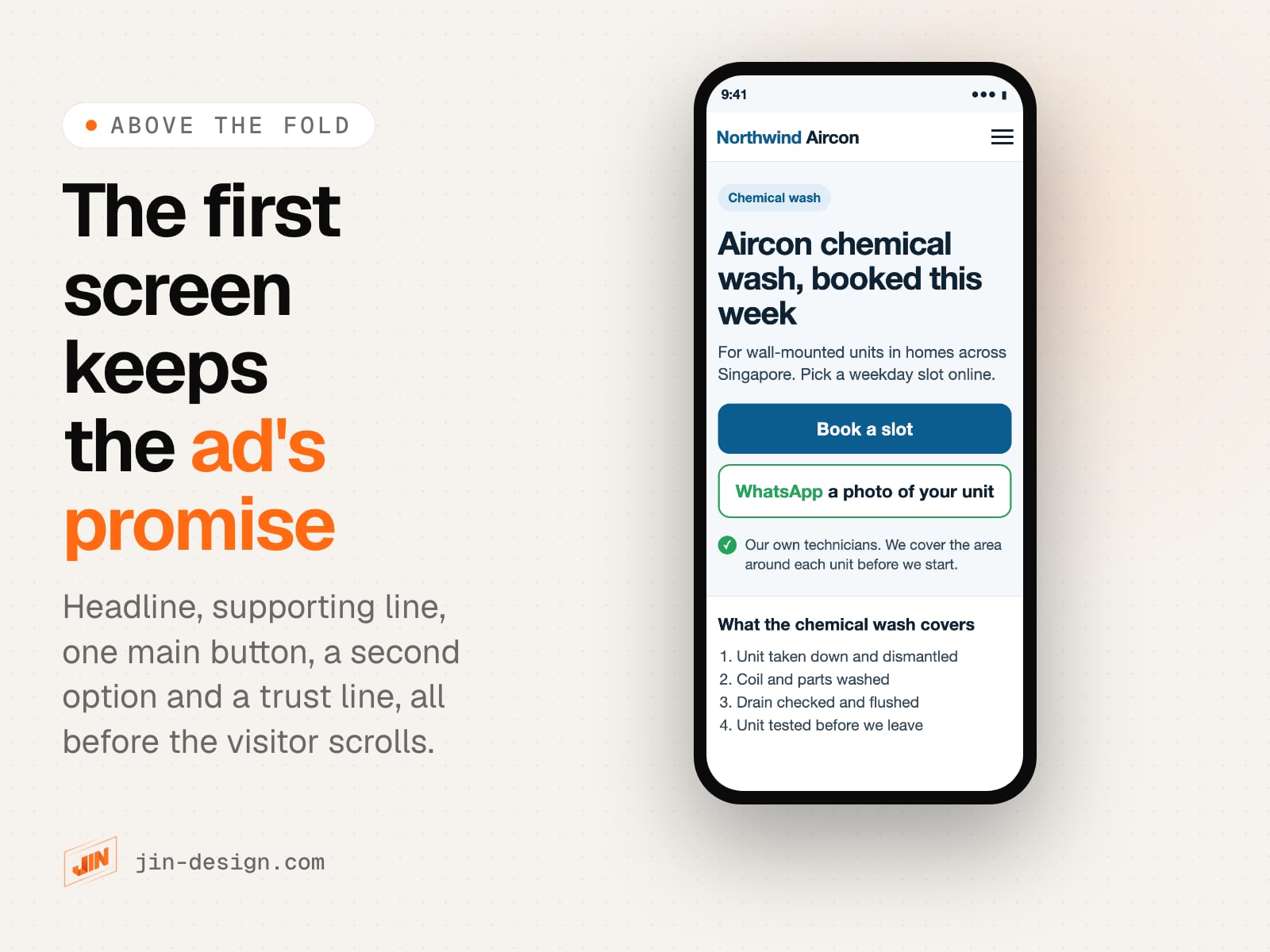 Phone mock-up of the first screen of a landing page for Northwind Aircon, a fictional aircon company: the headline Aircon chemical wash, booked this week, a line about weekday slots across Singapore, a Book a slot button, a WhatsApp a photo of your unit button and a trust line about the company's own technicians