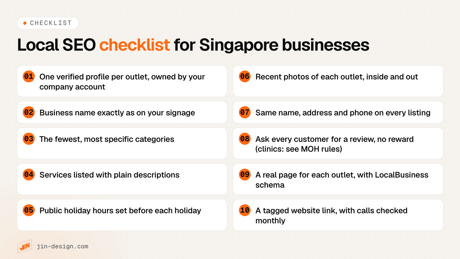 Local SEO checklist for Singapore businesses: one verified profile per outlet, name as on the signage, specific categories, services, public holiday hours, real photos, consistent name, address and phone, reviews without rewards (clinics follow MOH rules), a real page per outlet with schema, and a tagged website link