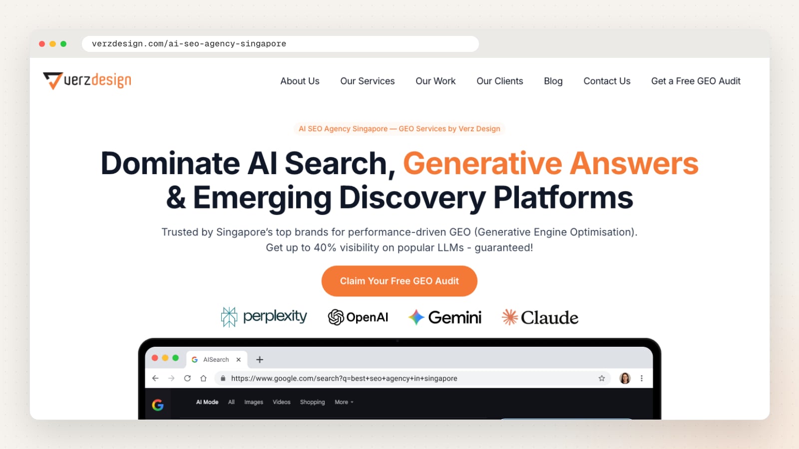 Verz Design AI SEO page (verzdesign.com/ai-seo-agency-singapore)