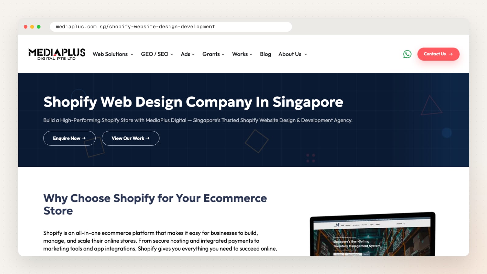 MediaPlus Digital Shopify web design page (mediaplus.com.sg/shopify-website-design-development)