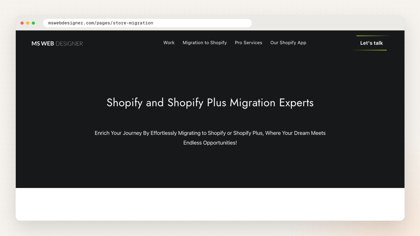MS Web Designer Shopify migration page (mswebdesigner.com/pages/store-migration)
