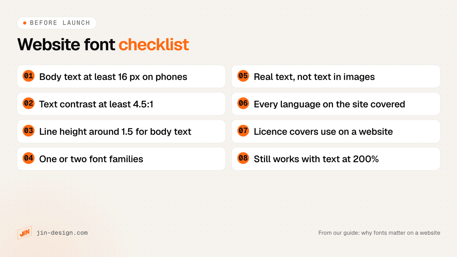 Website font checklist: body text at least 16 px on phones, text contrast at least 4.5 to 1, line height around 1.5, one or two font families, real text instead of text in images, every language on the site covered, licence covers web use, and the page still works when text is enlarged to 200 percent