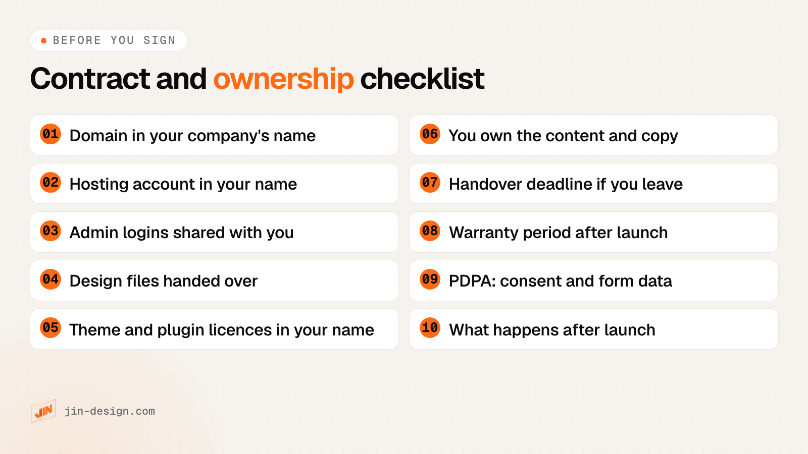 Website contract and ownership checklist: domain, hosting, admin logins, design files, theme and plugin licences, content, handover deadline, warranty period, PDPA and what happens after launch