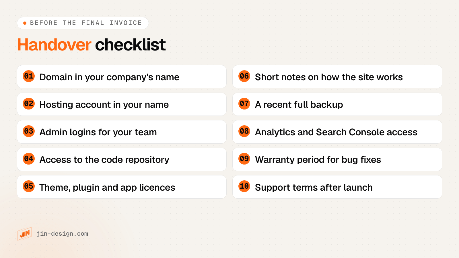 Website handover checklist: domain, hosting, admin logins, code repository, licences, documentation, backups, analytics access, warranty and support terms