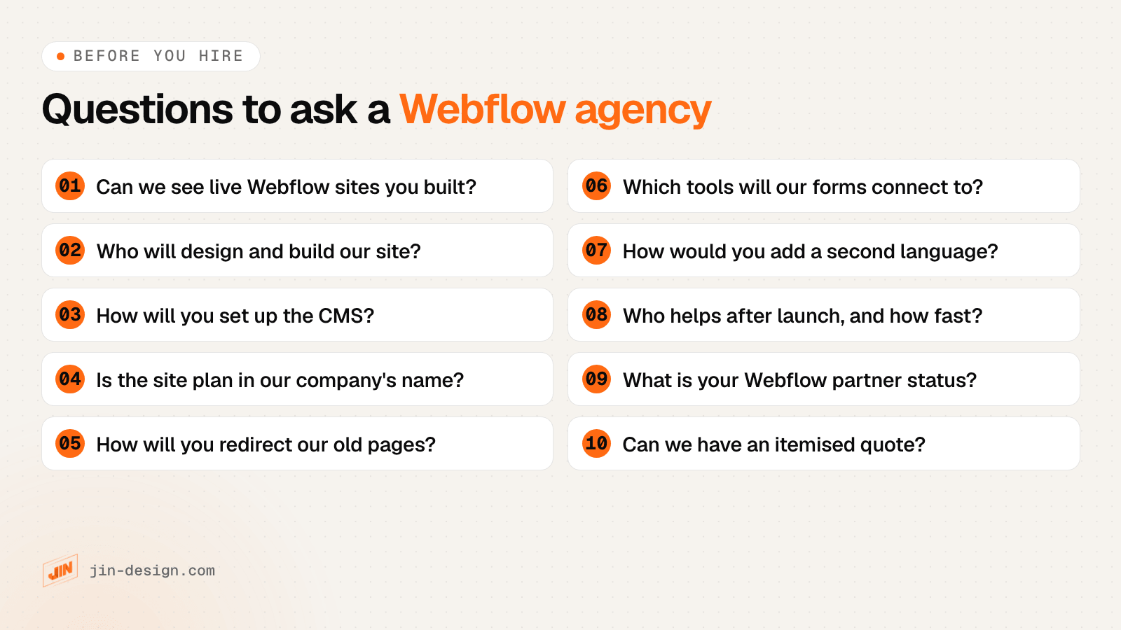 Questions to ask a Webflow agency in Singapore: live Webflow sites, who builds it, CMS collections, site plan and workspace ownership, migration and redirects, integrations, localisation, support after launch, partner status and the itemised quote