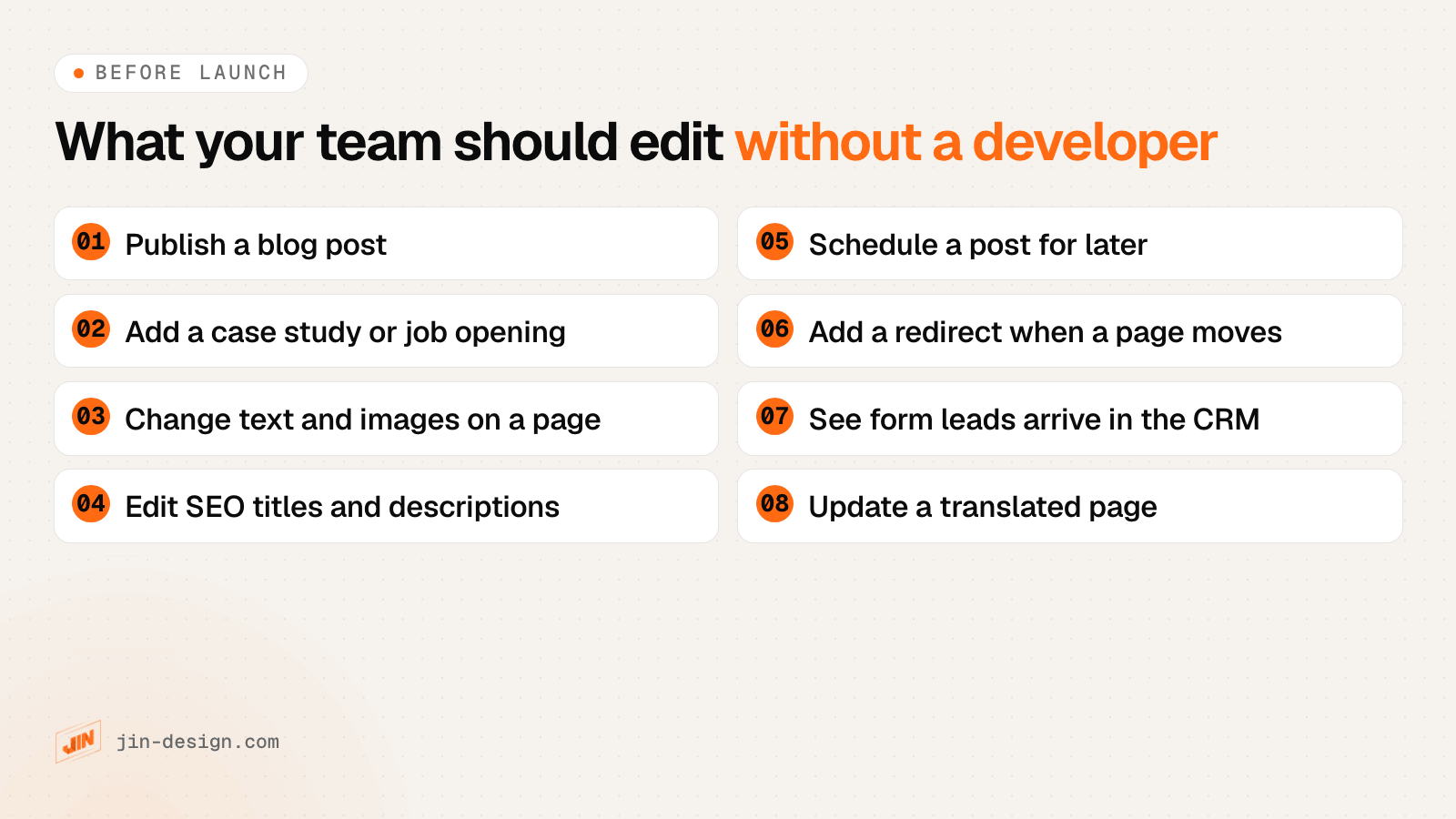 Checklist of what a marketing team should be able to do in Webflow without a developer: publish a blog post, add a case study or job, edit page text and images, change SEO titles and descriptions, schedule a post, add a redirect, see form leads in the CRM and translate a page