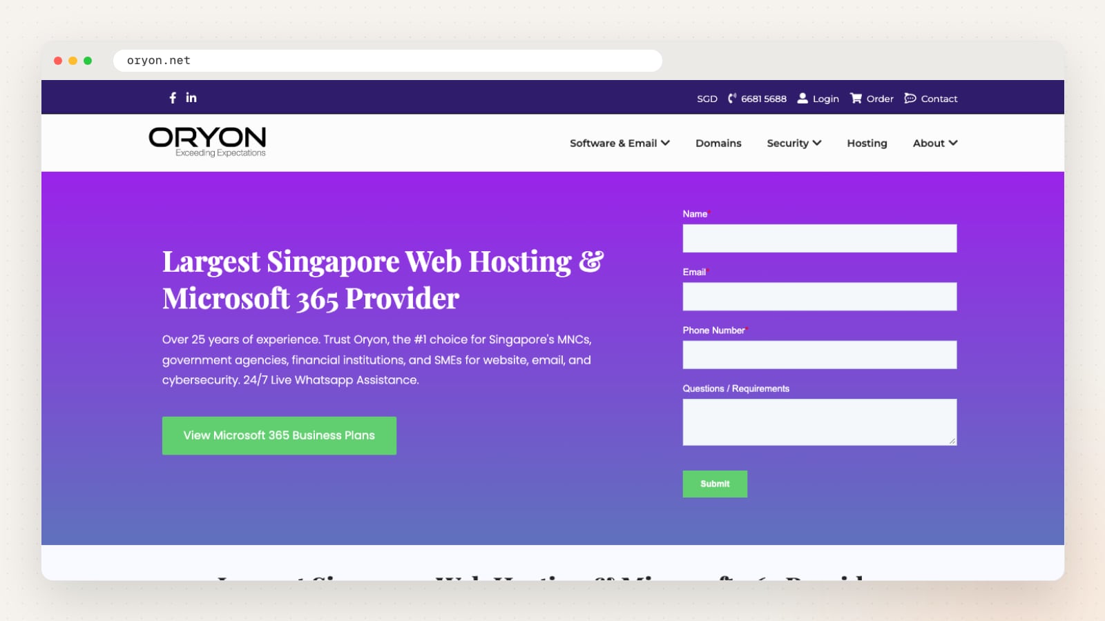 Oryon website homepage