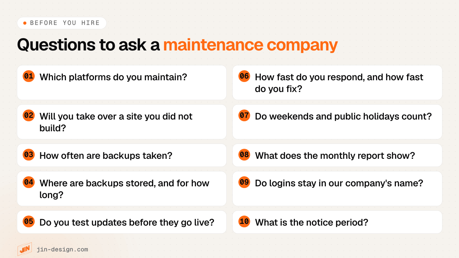 Questions to ask a website maintenance company in Singapore: platforms maintained, takeovers, backup frequency and storage, testing before updates, response and fix times, the monthly report, logins in your name and notice period