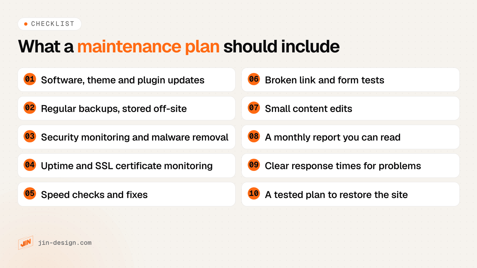 Checklist of what a website maintenance plan should include: updates, backups, security, uptime and SSL, speed, link and form checks, content edits, reports, response times and a restore plan