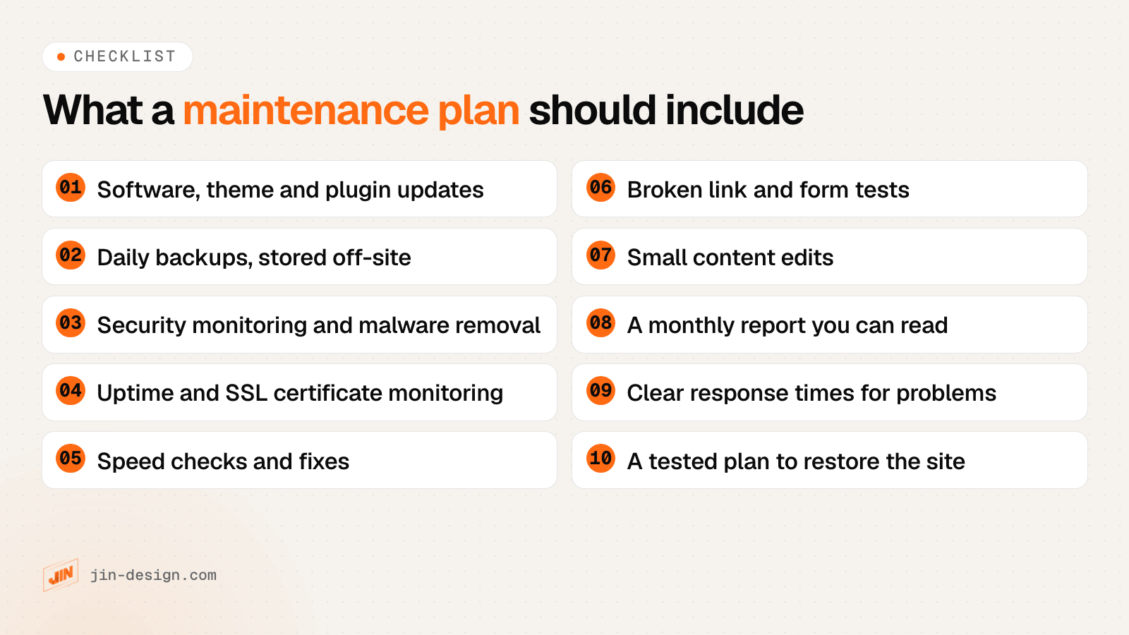 Checklist of what a website maintenance plan should include: updates, backups, security, uptime and SSL, speed, link and form checks, content edits, reports, response times and a restore plan