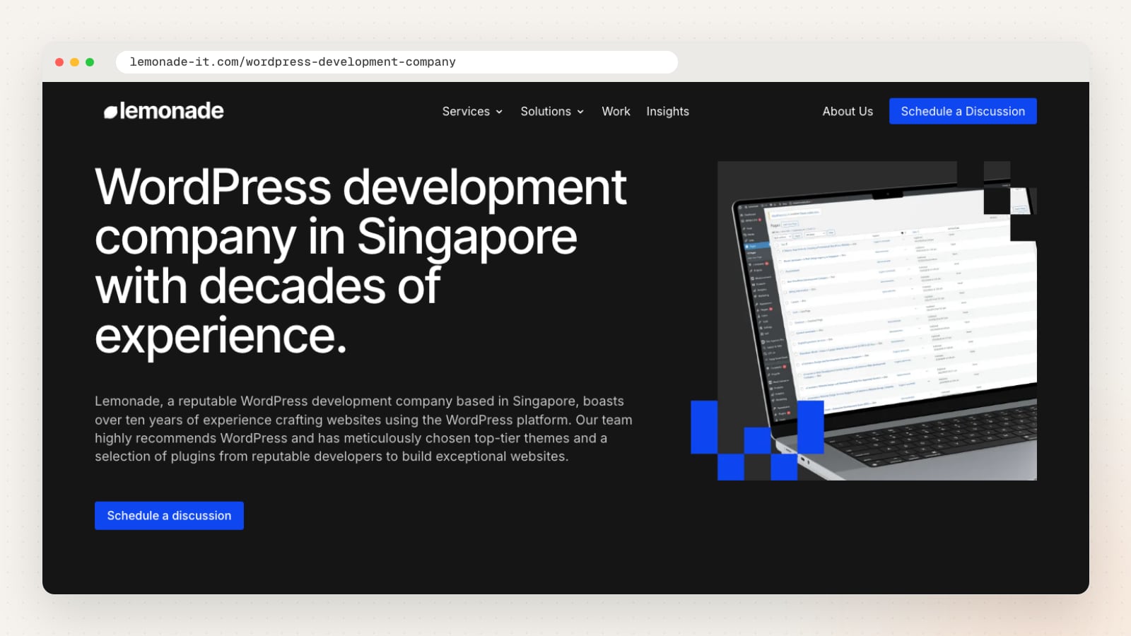 Lemonade WordPress development page (lemonade-it.com/wordpress-development-company)