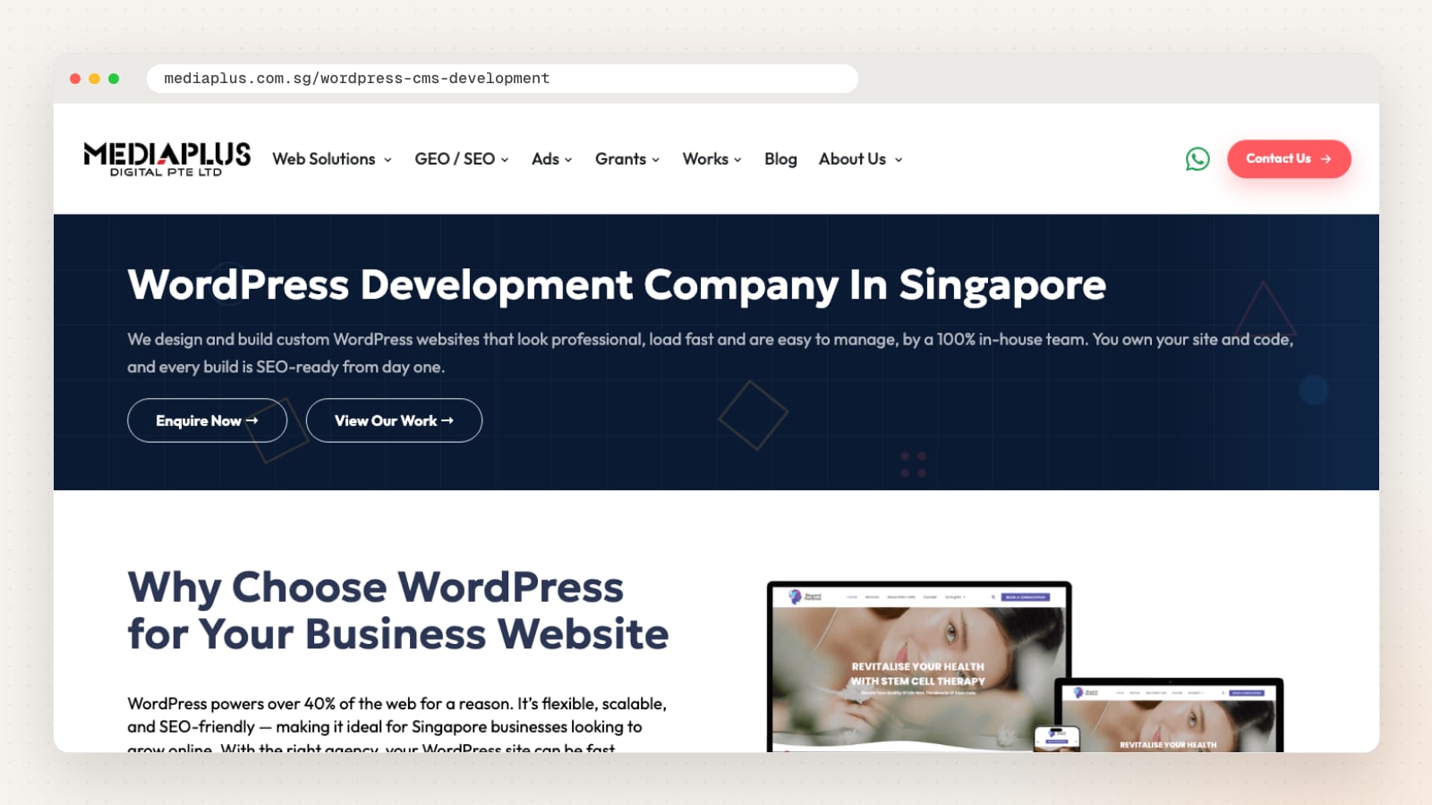 MediaPlus Digital WordPress development page (mediaplus.com.sg/wordpress-cms-development)