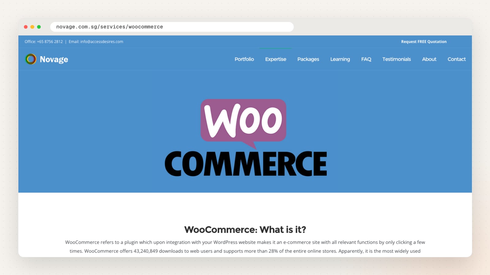 Novage WooCommerce page (novage.com.sg/services/woocommerce)