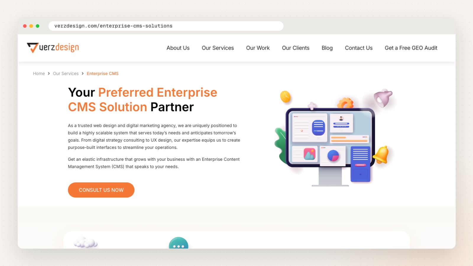 Verz Design enterprise CMS page (verzdesign.com/enterprise-cms-solutions)