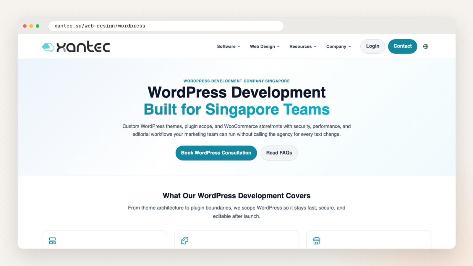 Xantec WordPress development page (xantec.sg/web-design/wordpress)