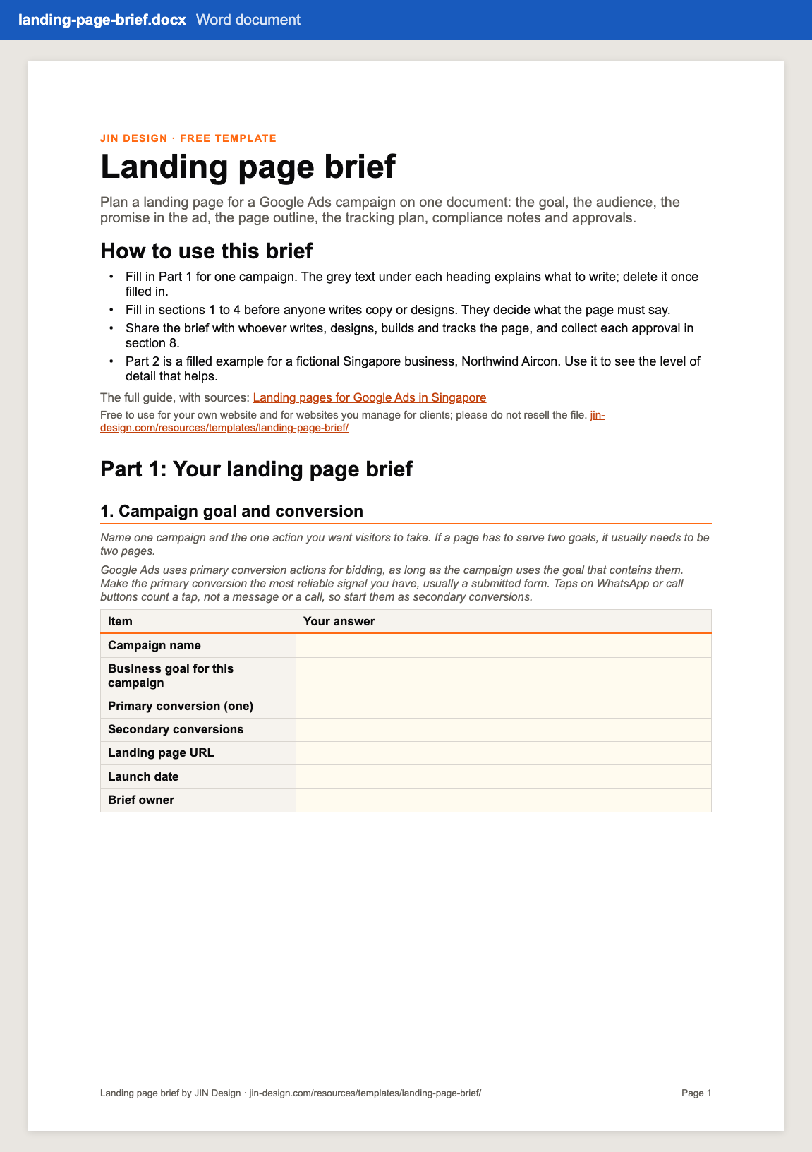 Preview of the first page of the landing page brief in Word: the title, how to use the brief, and section 1, campaign goal and conversion, with guidance text and a table to fill in