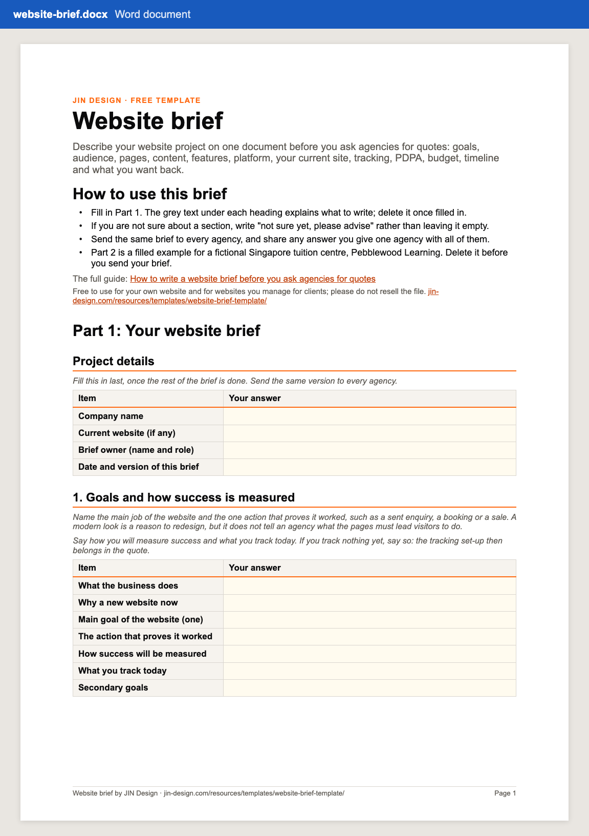 Preview of the first page of the website brief in Word: the title, how to use the brief, the project details table and section 1, goals and how success is measured, with guidance text and rows to fill in