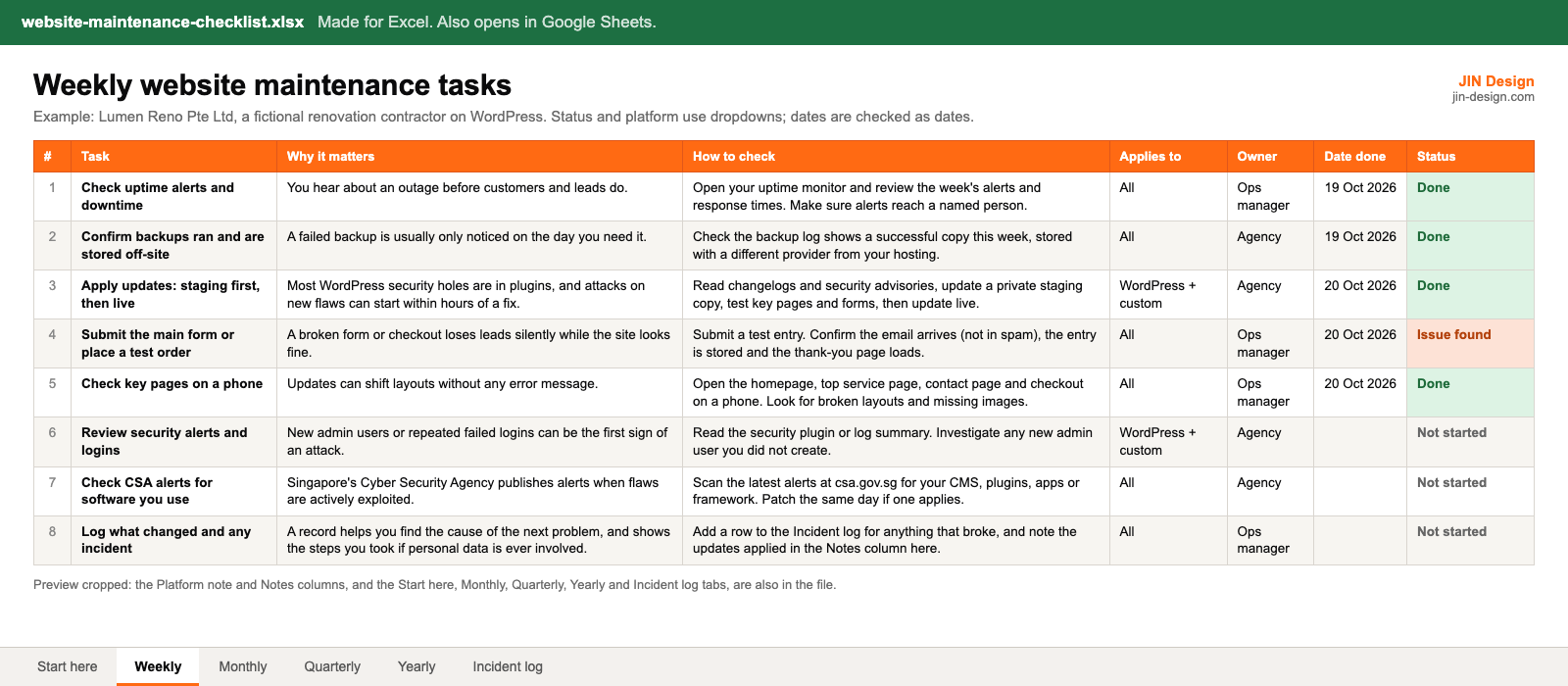 Cropped preview of the weekly tab in the website maintenance checklist: task, why it matters, how to check, platform, owner, date done and colour-coded status for a fictional Singapore business